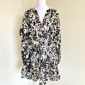 Lindex M Black White Floral Long Sleeve Cotton Cover up Dress Beach Coconut
